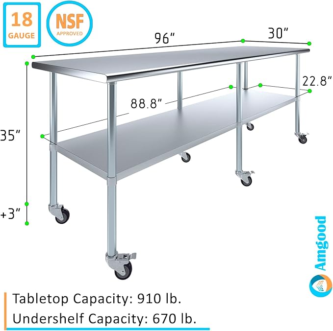 Stainless Steel Work Table with Wheels | NSF Kitchen Island Food Prep | Laundry Garage Utility Bench (Table + Wheels, 96" Long x 30" Deep)