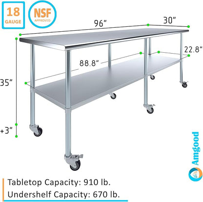 Stainless Steel Work Table with Wheels | NSF Kitchen Island Food Prep | Laundry Garage Utility Bench (Table + Wheels, 96" Long x 30" Deep)