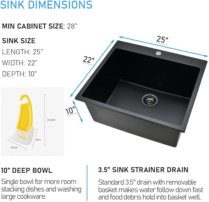 25x22 Drop In Kitchen Sink, Matte Black Granite Composite Quartz Drop In Sink Single Bowl Outdoor Kitchen Sink 25-inch Utility Drop-In/Topmount with Small Rubber Squeegee