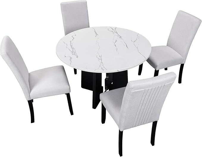 Ball & Cast 5 Piece Round Dining Table Set,43-Inch Modern Dining Table and 4 Upholstered Chairs for Dining Room,Kitchen Room, Living Room,Easy Assembly,Beige+White