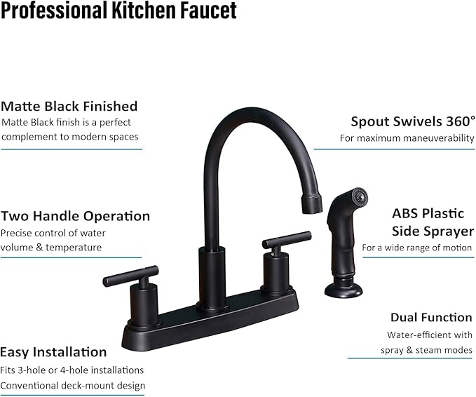 Black Kitchen Faucet, Matte Black Kitchen Faucet with Sprayer, 3 Hole or 4 Hole Matte Black Faucet for Kitchen Sink, Touch Kitchen Faucet with Side Sprayer,TDLKF024B