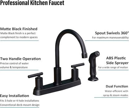 Black Kitchen Faucet, Matte Black Kitchen Faucet with Sprayer, 3 Hole or 4 Hole Matte Black Faucet for Kitchen Sink, Touch Kitchen Faucet with Side Sprayer,TDLKF024B