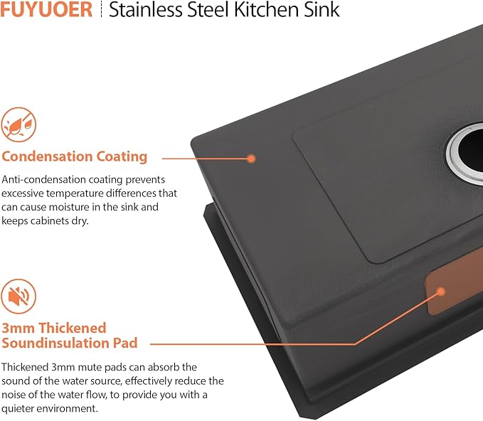 33 Undermount Sink Stainless Steel- Fuyuoer 33 Inch Workstation Kitchen Sink 16 Gauge Stainless Steel Single Bowl Round Corner Handmade Deep Basin Kitchen Sinks, 33x19x10 Inch