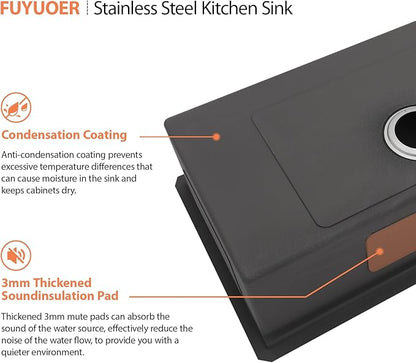 33 Undermount Sink Stainless Steel- Fuyuoer 33 Inch Workstation Kitchen Sink 16 Gauge Stainless Steel Single Bowl Round Corner Handmade Deep Basin Kitchen Sinks, 33x19x10 Inch