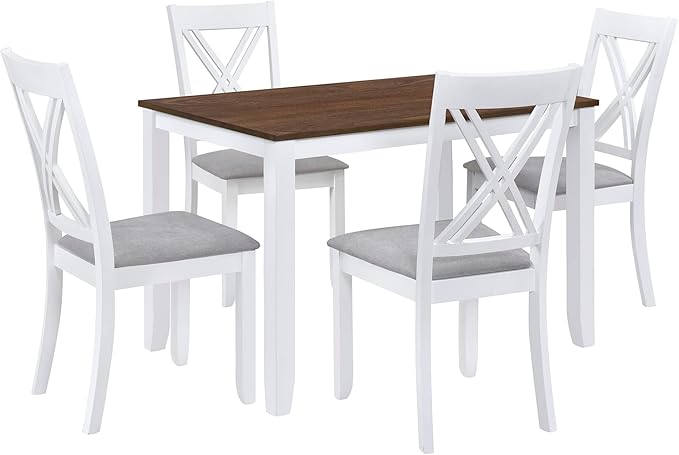 VilroCaz Minimalist Solid Wood 5-Piece Dining Table Set, Kitchen Dining Table Set for 4, Rectangular Table with 4 X-Back Upholstered Chairs for Dining Room Small Places (White-Min)
