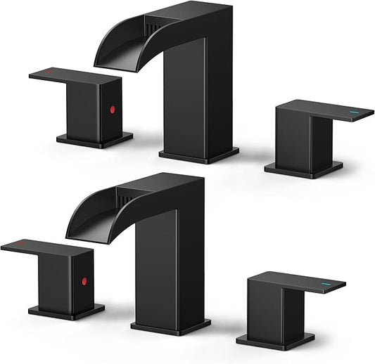 FORIOUS 2 Pack, Waterfall Bathroom Faucets 3 Hole, 8 Inch Widespread Square Matte Black Bathroom Sink Faucet with Metal Pop-up Drain and cUPC Supply Lines, Two Handles for Vanity, Restroom, Commercial