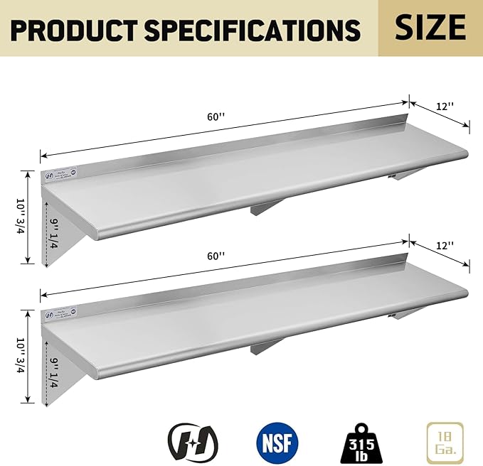 Hally Stainless Steel Shelf Wall Mounted Metal Shelf Wall Shelf 12 x 60 NSF Heavy Duty 315 lb Capacity, Commercial Wall Mounted Storage Rack for Kitchen, Garage, Laundry Room 2 Pack