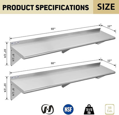 Hally Stainless Steel Shelf Wall Mounted Metal Shelf Wall Shelf 12 x 60 NSF Heavy Duty 315 lb Capacity, Commercial Wall Mounted Storage Rack for Kitchen, Garage, Laundry Room 2 Pack