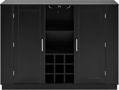 47.2" Kitchen Island with Drop Leaf & Power Outlet, Wine Bar with Bottle Rack & Glass Holder, 2-Door Buffet Sideboard with Side Shelves for Dining Room (Black-85R)