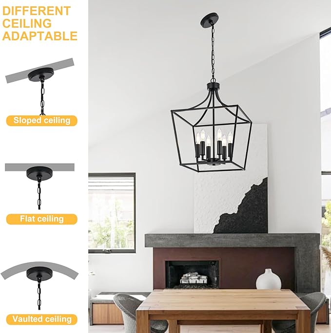 6-Light Farmhouse Dining Room Cage Chandelier, Black Ceiling Pendant Light Fixture Height Adjustable for Kitchen Island Over Table, E12 Bulb Base