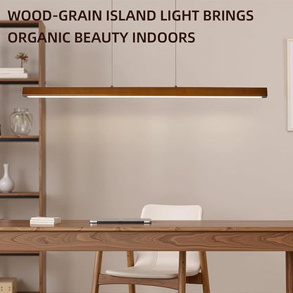 59'' Wood Linear Pendant Light,Dimmable Kitchen Island Lighting with Remote,28W LED Island Lights for Kitchen,inear Chandelier for Dinning Room Light Fixture,Pool Table Light Walnut