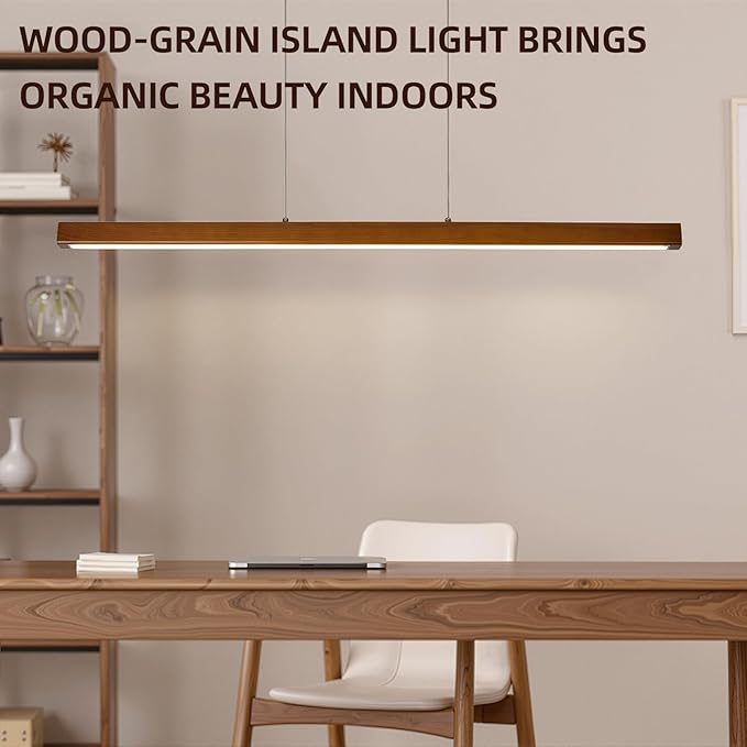 47" Wood Linear Pendant Light,Dimmable Kitchen Island Lighting with Remote,28W LED Island Lights for Kitchen,Linear Chandelier for Dinning Room Light Fixture,Pool Table Light Walnut