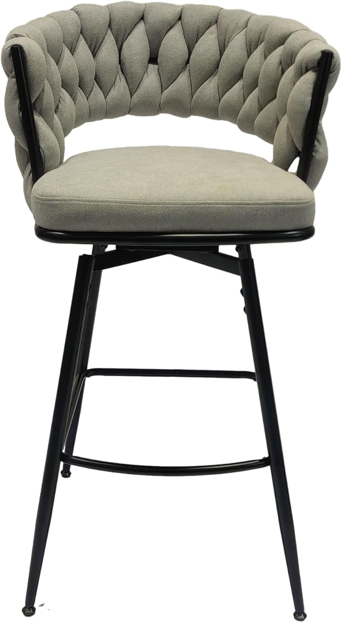28" Bar Chair Linen Woven Bar Stool Set of 2,Black Legs Bar stools No Adjustable Kitchen Island Chairs,360 Swivel Bar Stools Upholstered Bar Chair Counter Stool Arm Chairs with Back Footrest (Grey)