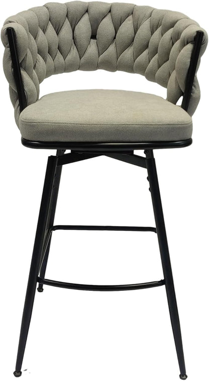 28" Bar Chair Linen Woven Bar Stool Set of 2,Black Legs Bar stools No Adjustable Kitchen Island Chairs,360 Swivel Bar Stools Upholstered Bar Chair Counter Stool Arm Chairs with Back Footrest (Grey)