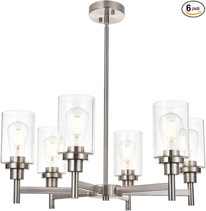 VINLUZ 6 Light Contemporary Chandelier Brushed Nickel Modern Pendant Lighting Cylinder Clear Glass Shaded Classic Ceiling Light Fixtures for Living Room Dining Room Kitchen