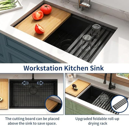 LQS 30 Inch Kitchen Sink, Black Undermount Kitchen Sink, Large Deep Black Workstation Single Bowl Sinks, 16 Gauage T304 Stainless Steel Material, Smart Workstation Ledge With Pratical Accessories