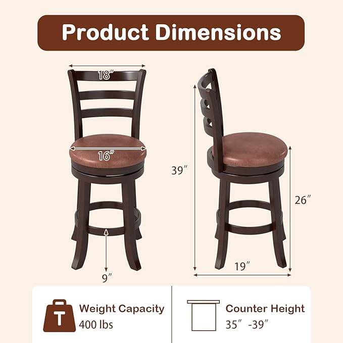 Giantex Swivel Bar Stools Set of 2, 26" Upholstered Counter Height Bar Chairs w/High Backrest, Faux Leather Seat, Solid Rubber Frame & Wrap-Around Footrest, Wooden Barstools for Kitchen Island, Pub