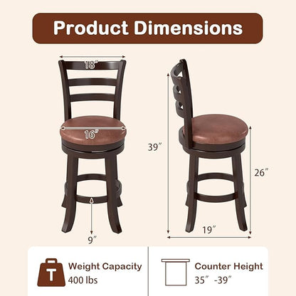 Giantex Swivel Bar Stools Set of 2, 26" Upholstered Counter Height Bar Chairs w/High Backrest, Faux Leather Seat, Solid Rubber Frame & Wrap-Around Footrest, Wooden Barstools for Kitchen Island, Pub