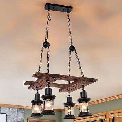 A Million 24" Farmhouse Chandelier, 4 Light Pendant Chandeliers for Dining Room, Retro Kitchen Lighting Fixtures with E26 Socket, Rustic Wood Pendant Lights for Hallway Bar Cafe Foyer
