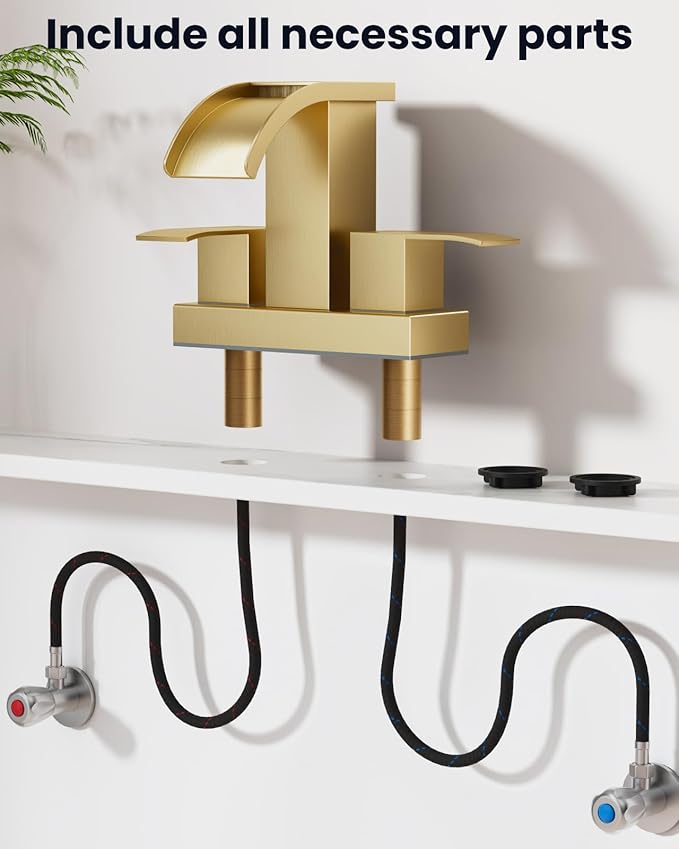 gotonovo Waterfall 4 Inch Centerset Bathroom Sink Faucet 2 Handle Basin Faucets 2 or 3 Hole Deck Mount with Pop Up Drain Included Lavatory Modern Mixer Tap Vanity Faucet Brushed Gold