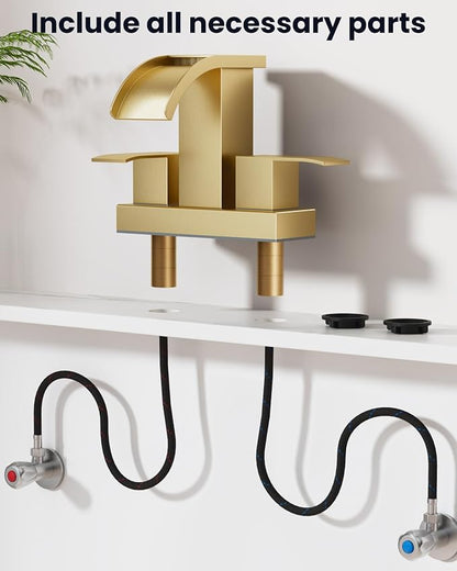 gotonovo Waterfall 4 Inch Centerset Bathroom Sink Faucet 2 Handle Basin Faucets 2 or 3 Hole Deck Mount with Pop Up Drain Included Lavatory Modern Mixer Tap Vanity Faucet Brushed Gold