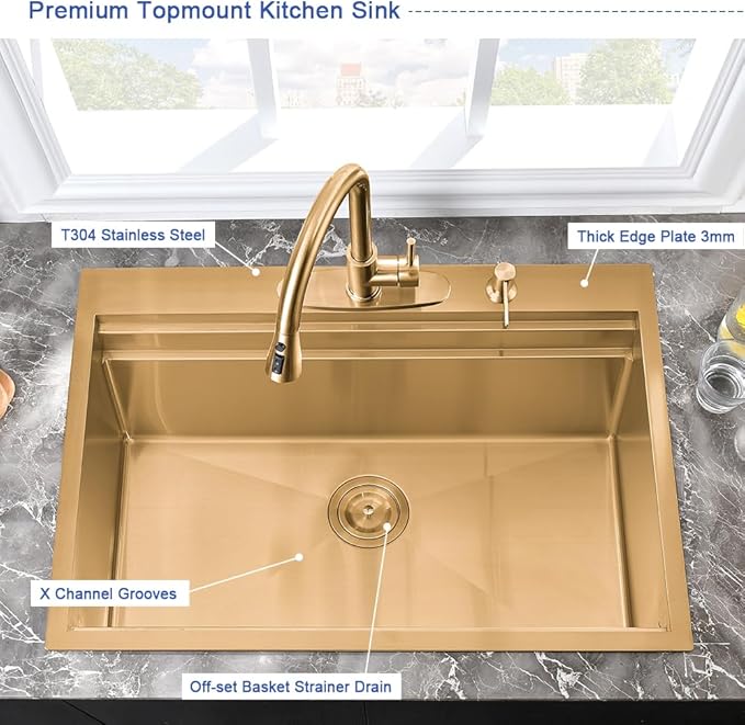 33 Inch Gold Kitchen Sink Drop In Workstation-Hovheir 33x22 Drop In Top Mount Kitchen Sink 16 Gauge Stainless Steel Single Bowl Deep Brushed Gold Sinks with Cutting Board