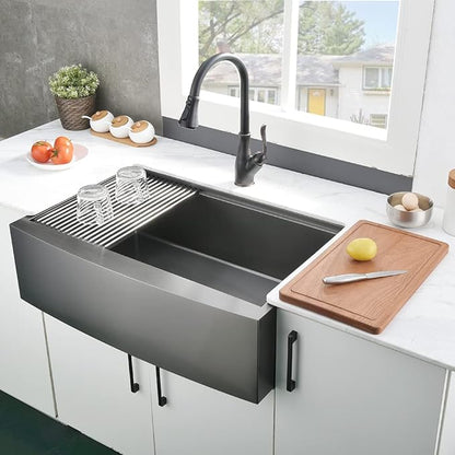 33x22 Black Farmhouse Sink For Kitchen Workstation, Apron Front Stainless Steel Farm Sink 33 Inch Single Bowl Handmade 16 Gauge Black Sink Kitchen