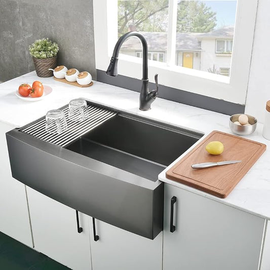 33x22 Black Farmhouse Sink For Kitchen Workstation, Apron Front Stainless Steel Farm Sink 33 Inch Single Bowl Handmade 16 Gauge Black Sink Kitchen