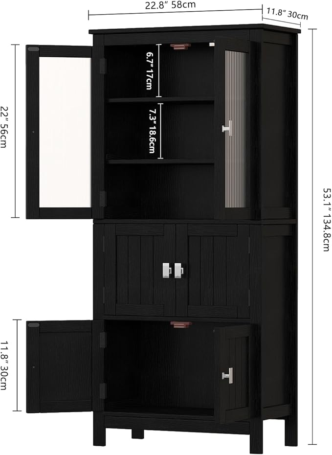 Akxomel 53.1" H Tall Bathroom Storage Cabinet, Bathroom Floor Cabinet with 6 Doors and Adjustable Shlef, Linen Cabinet, Pantry Cabinet for Living Room, Kitchen, Entryway, Black