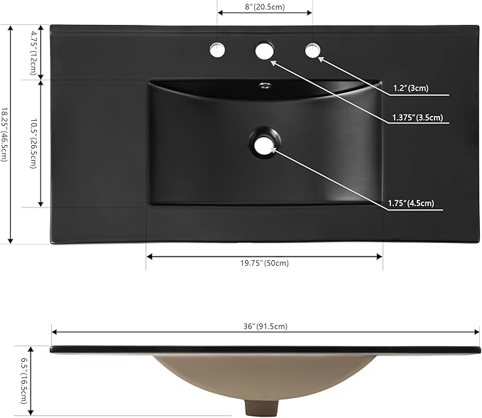 JONATHAN Y SNK1003B Ancillary 3-Hole 36 in. W x 18.25 in. D Classic Contemporary Rectangular Ceramic Single Sink Basin Vanity Top, Black