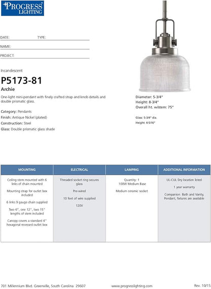 Progress Lighting P5173-81 Archie-One Light Pendant, Antique Nickel Finish with Prismatic Glass
