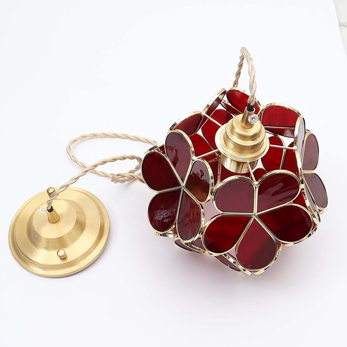 Bieye L10876 Petals Tiffany Style Stained Glass Ceiling Pendant Light with 8-inch Wide Lampshade (Deep Red, 8" Cherry Blossom)