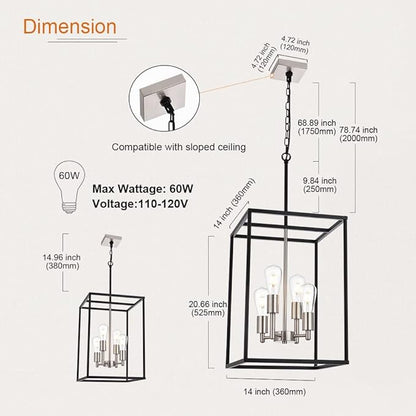 VINLUZ 4-Light Lantern Chandelier Light Fixture Black and Brushed Nickel Finish Industrial Farmhouse Pendant Lighting Square Cage Kitchen Island Hanging Ceiling Light for Dining Room