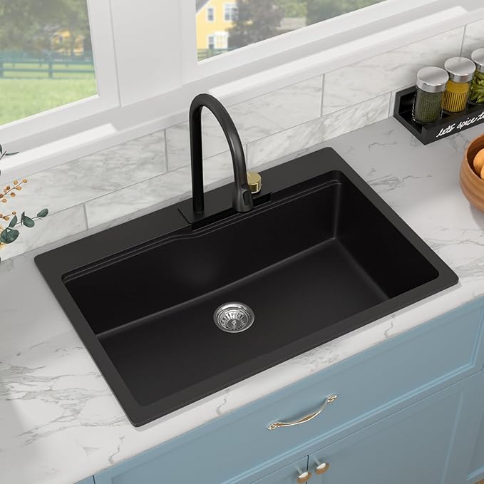 Sarlai Waterfall Kitchen Sink - 33 Inch Drop In Granite Composite Sink 33x22 Inch Topmount Workstation Sink Matte Black Kitchen Sinks Quartz Single Bowl Multifunction Sinks with Waterfall