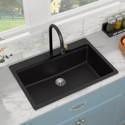 Sarlai Waterfall Kitchen Sink - 33 Inch Drop In Granite Composite Sink 33x22 Inch Topmount Workstation Sink Matte Black Kitchen Sinks Quartz Single Bowl Multifunction Sinks with Waterfall