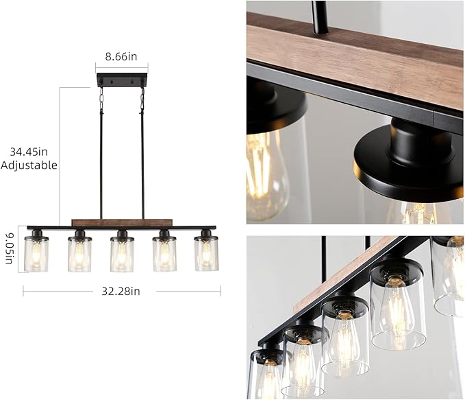 Dining Room Light Fixture,5-Light Kitchen Island Lighting Farmhouse Chandelier,Matte Black Metal Wood Industrial Pendant Lighting,Modern Dining Table Lights