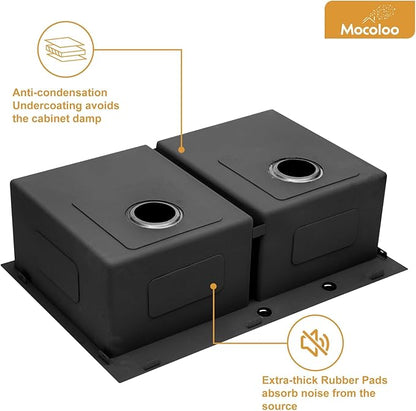 Mocoloo Double Bowl Kitchen Sink Drop in 33 x 22 Sink Gunmetal Black Double Bowl 50/50 Stainless Steel 16 Gauge Handmade, 10'' Deep Sinks