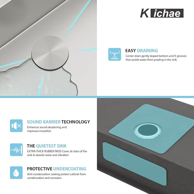 Kichae 32 Inch Undermoun Kitchen Sink Single Bowl Stainless Steel Undermount 16 Gauge Round Corner Handmade Modern Rectangular Under Counter Kitchen Sinks