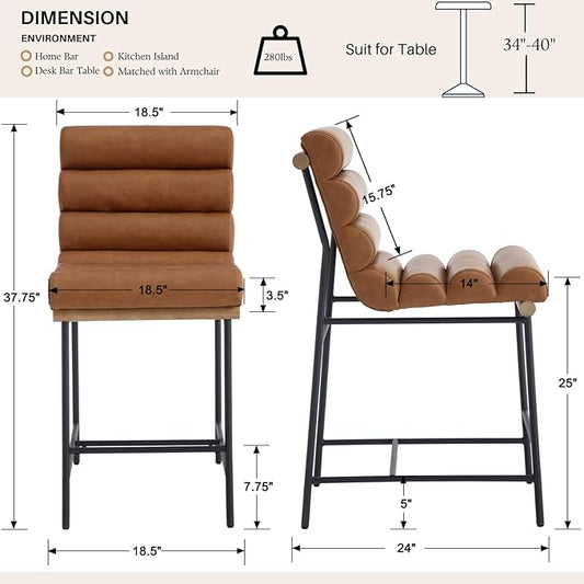 Brown Pu Leather Bar stools Set of 4, 25” Modern Upholstered Counter stools with Black Metal Legs, Armless Counter Height Chairs with Channel Tufted Back for Kitchen Island Home Pub