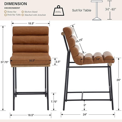 Brown Pu Leather Bar stools Set of 6, 25” Modern Upholstered Counter stools with Black Metal Legs, Armless Counter Height Chairs with Channel Tufted Back for Kitchen Island Home Pub