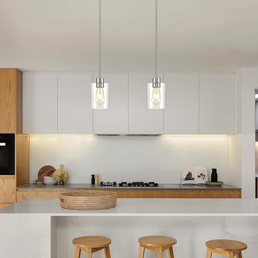 Modern Farmhouse Brushed Nickel Pendant Lights, Mini Hanging Light Fixture with Clear Glass Shade, Adjustable Rods for Kitchen Island, Sink, Bar (2 Pack)