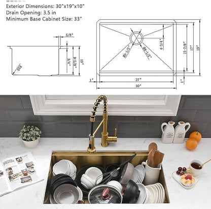 Gold Kitchen Sink Undermount-VASOYO 30x19 Undermount Kitchen Sink Workstation 16 Gauge Stainless Steel Gold Sinks Deep Single Bowl Under Mount Sinks with Cutting Board