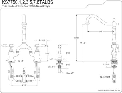 Kingston Brass KS7758TALBS Tudor Bridge Kitchen Faucet with Brass Sprayer, Brushed Nickel