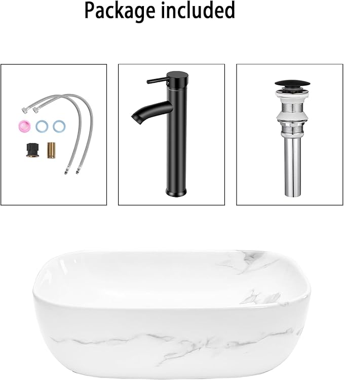 Bathroom Vessel Sink 18'' x 13'' Ceramic Porcelain Bathroom Sink Above Counter Basin Washing Bowl with Faucet Pop up Drain Combo, Marbling Rectangle