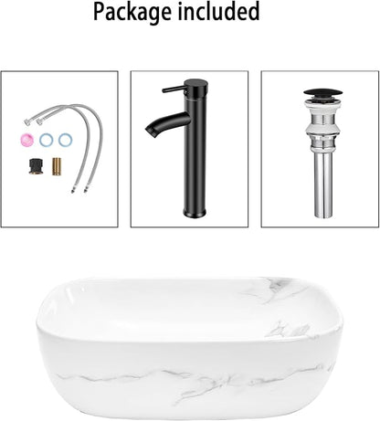 Bathroom Vessel Sink 18'' x 13'' Ceramic Porcelain Bathroom Sink Above Counter Basin Washing Bowl with Faucet Pop up Drain Combo, Marbling Rectangle