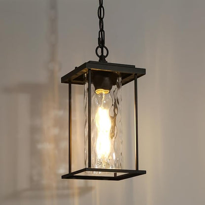 Outdoor Pendant Light Fixture, Farmhouse Exterior Hanging Lights with Water Ripple Glass & Adjustable Chain, Black Ceiling Outdoor Rectangle Hanging Lantern for Front Door, Entry, Porch, and Gazebo