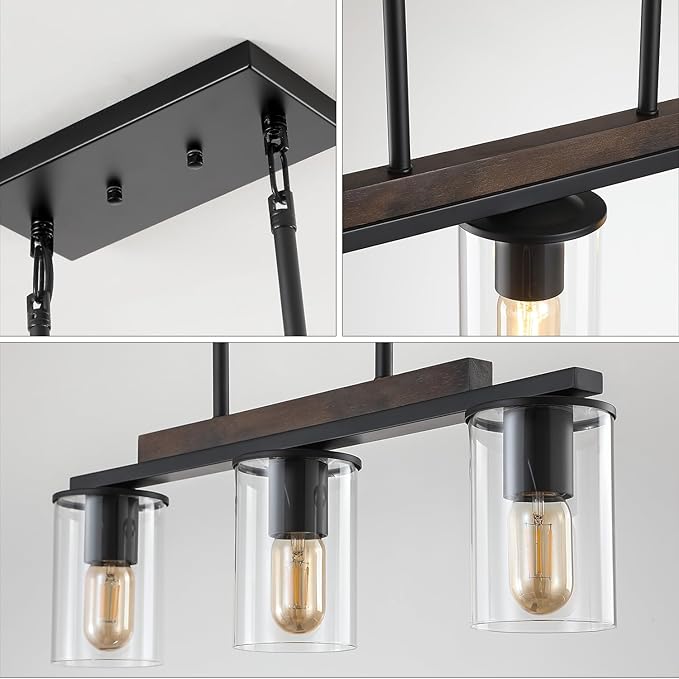 Mecgirn Farmhouse Dining Room Light Fixtures Over Table, Black Pendant Lights for Kitchen Island, 3 Light Linear Chandelier Lighting with Wood