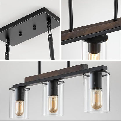 Mecgirn Farmhouse Dining Room Light Fixtures Over Table, Black Pendant Lights for Kitchen Island, 3 Light Linear Chandelier Lighting with Wood
