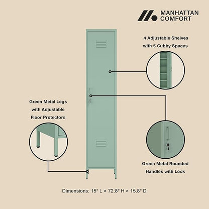 Manhattan Comfort Naomi 72.8'' Tall Storage Cabinet, Single Metal Locker with Lock, Adjustable Shelves, Vented Door & Floor Protectors, Modern Garage & Office Organizer, Green