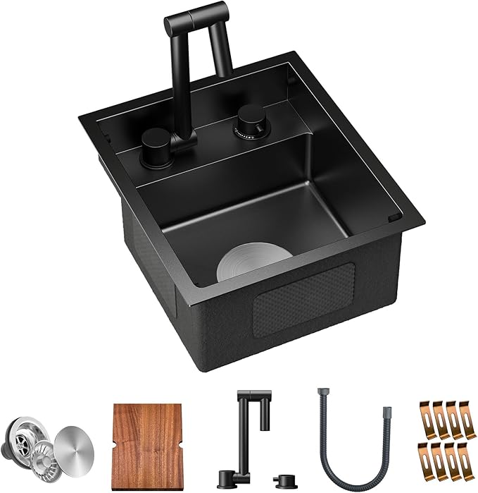 TORVA RV Kitchen Sink, 13 x 15 x 7 Inch Undermount Bar Sink 16 Gauge Stainless Steel Single Bowl Sink with Foldable Faucet Cutting Board, Dark Grey